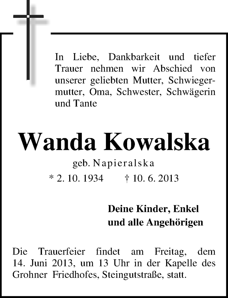 Traueranzeige von Wanda Kowalska von WESER-KURIER