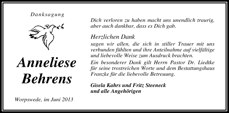  Traueranzeige für Anneliese Behrens vom 15.06.2013 aus WESER-KURIER