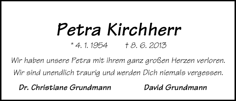  Traueranzeige für Petra Kirchherr vom 15.06.2013 aus WESER-KURIER