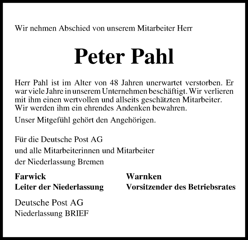 Traueranzeige von Peter Pahl von WESER-KURIER
