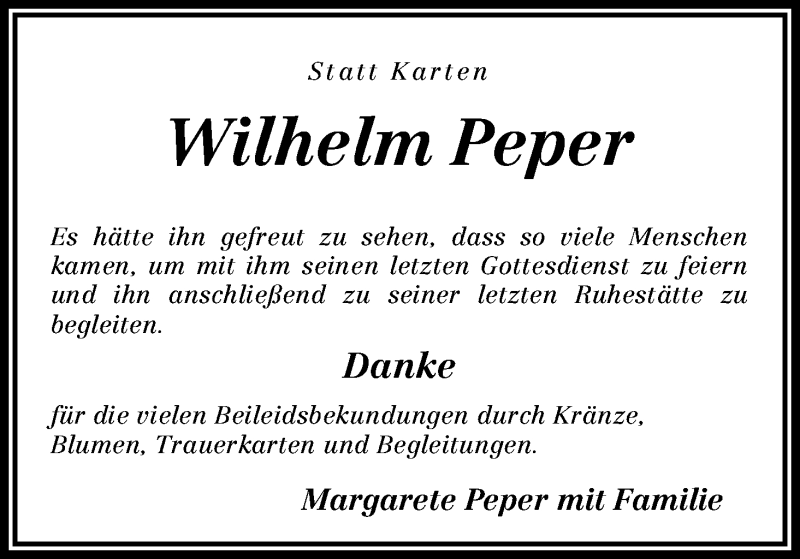 Traueranzeige von Wilhelm Peper von WESER-KURIER
