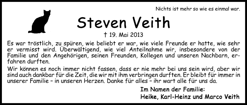  Traueranzeige für Steven Veith vom 15.06.2013 aus WESER-KURIER