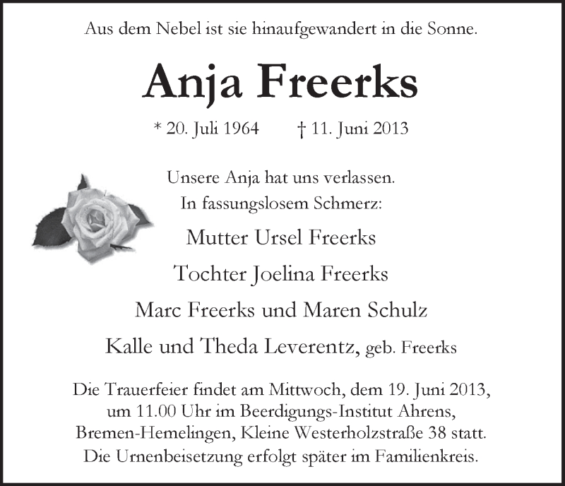  Traueranzeige für Anja Freerks vom 15.06.2013 aus WESER-KURIER