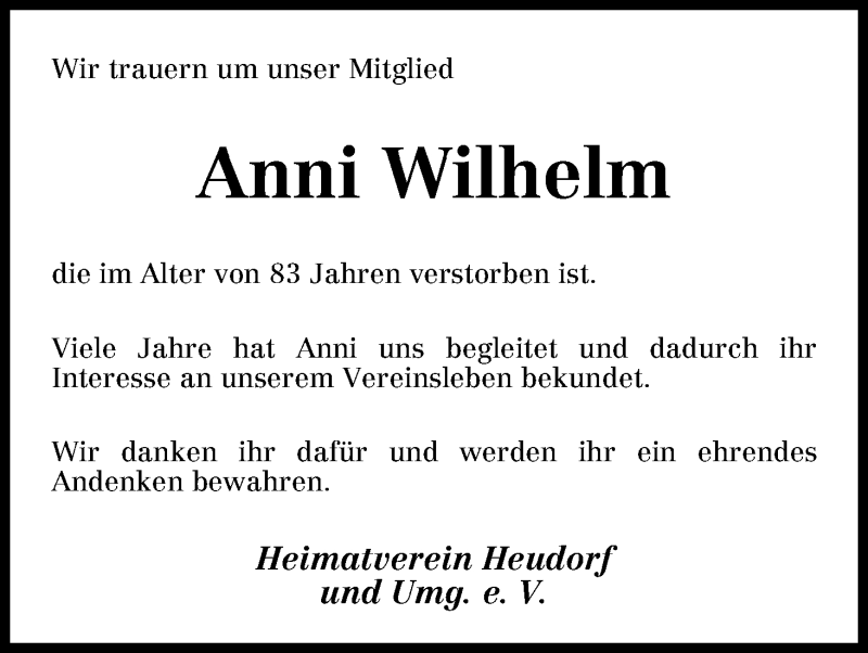 Traueranzeige von Anni Wilhelm von WESER-KURIER