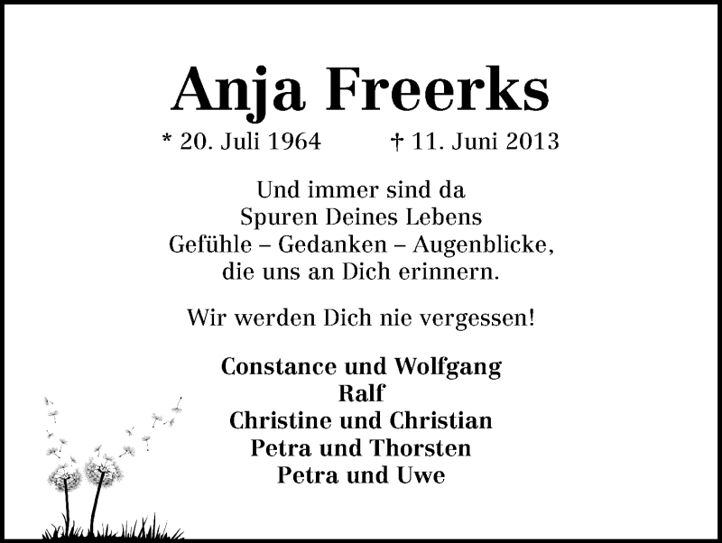  Traueranzeige für Anja Freerks vom 18.06.2013 aus WESER-KURIER