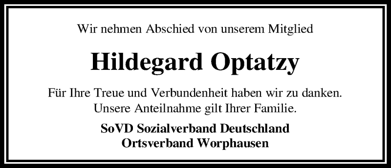 Traueranzeige von Hildegard Optatzy von WESER-KURIER