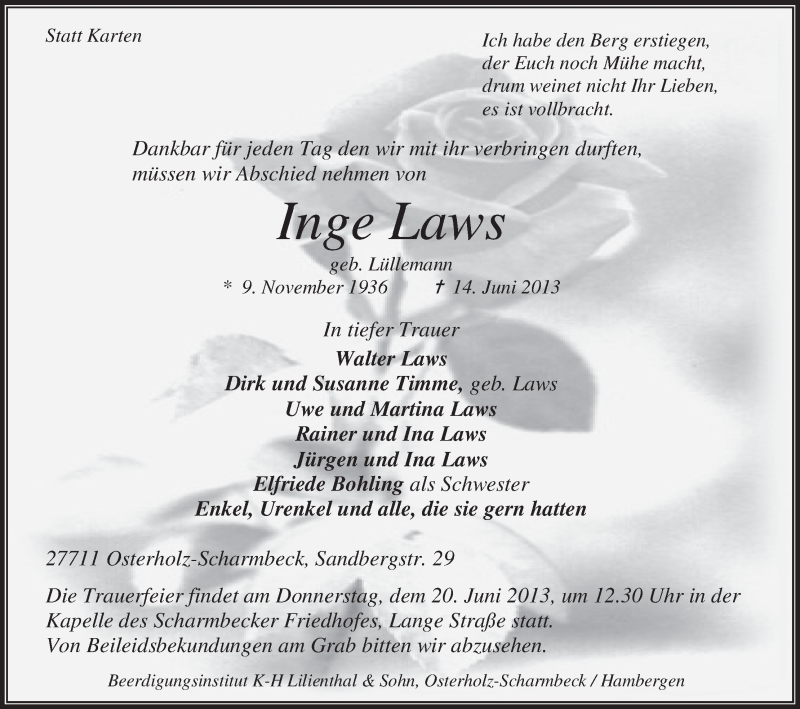  Traueranzeige für Inge Laws vom 17.06.2013 aus WESER-KURIER