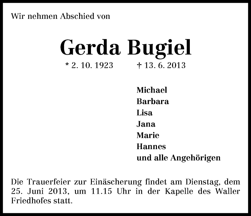 Traueranzeige von Gerda Bugiel von WESER-KURIER