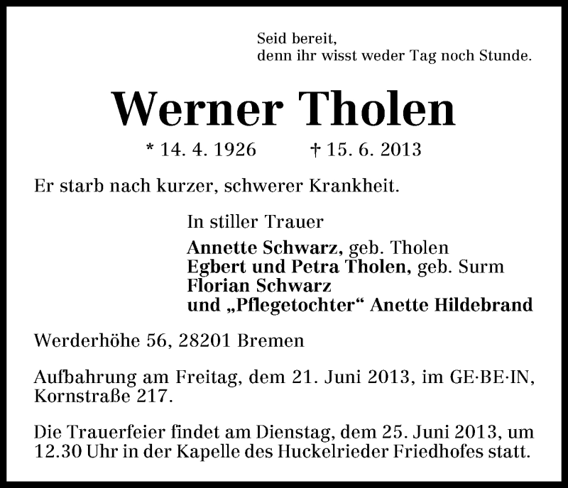 Traueranzeige von Werner Tholen von WESER-KURIER