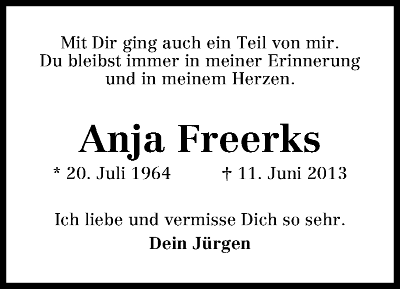  Traueranzeige für Anja Freerks vom 19.06.2013 aus WESER-KURIER