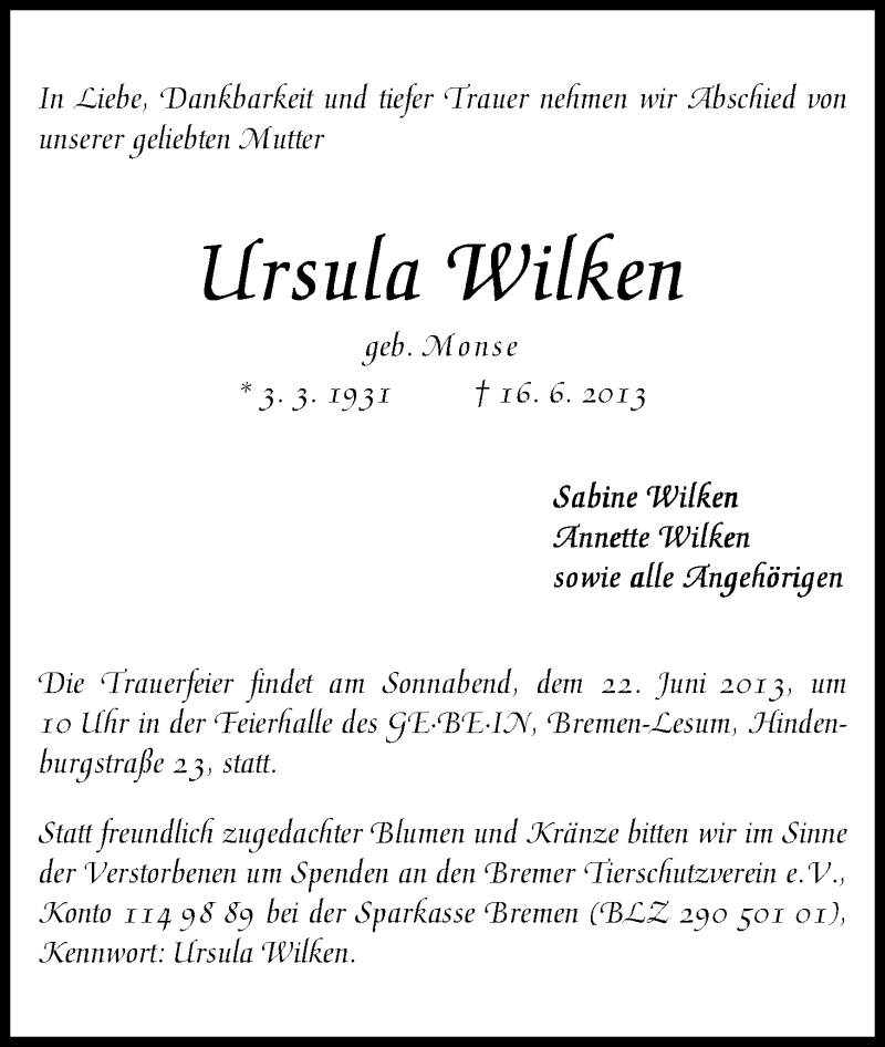 Traueranzeige von Ursula Wilken von WESER-KURIER