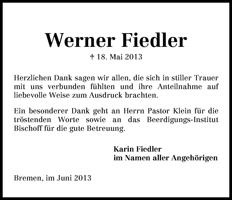  Traueranzeige für Werner Fiedler vom 19.06.2013 aus WESER-KURIER