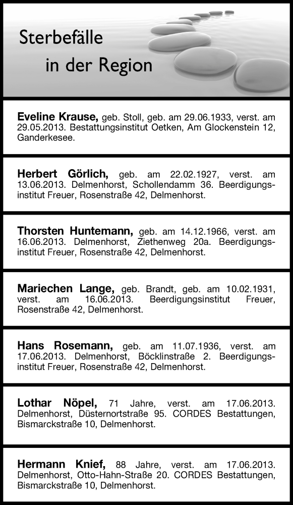 Traueranzeige von Sterbefälle vom 20.06.2013 von WESER-KURIER