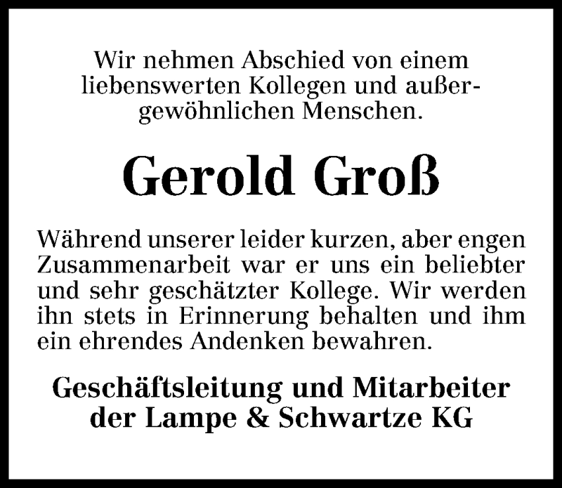 Traueranzeige von Gerold Groß von WESER-KURIER