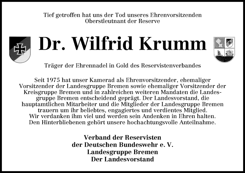 Traueranzeige von Wilfrid Krumm von WESER-KURIER