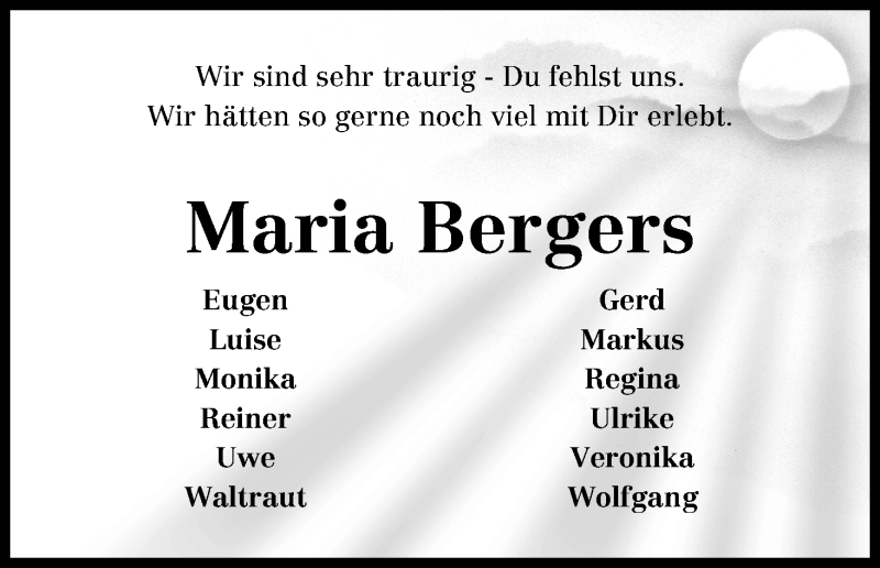  Traueranzeige für Maria Bergers vom 22.06.2013 aus WESER-KURIER