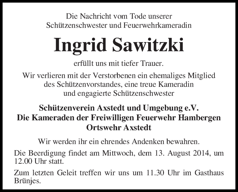 Traueranzeige von Ingrid Sawitzki von Osterholzer Kreisblatt