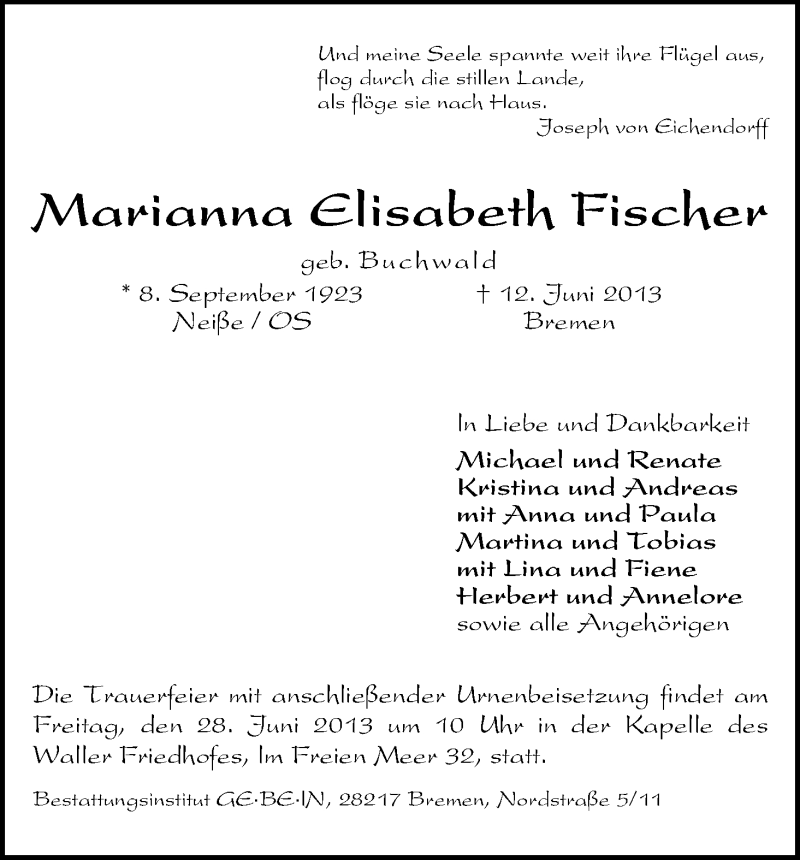 Traueranzeige von Marianna Elisabeth Fischer von WESER-KURIER