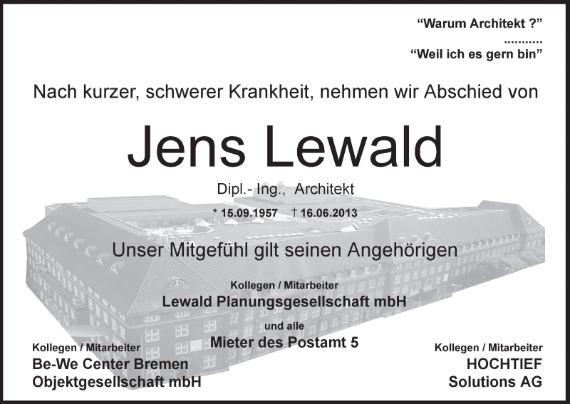  Traueranzeige für Jens Lewald vom 22.06.2013 aus WESER-KURIER