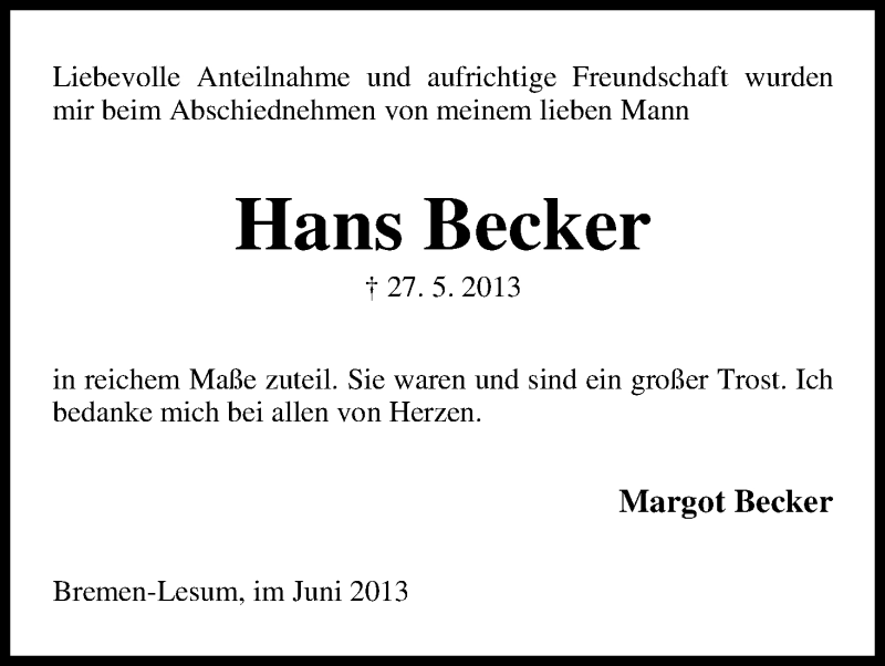 Traueranzeige von Hans Becker von WESER-KURIER