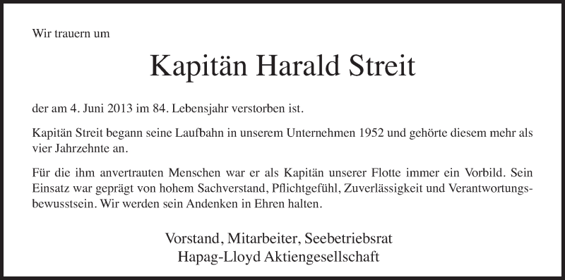Traueranzeige von Harald Streit von WESER-KURIER