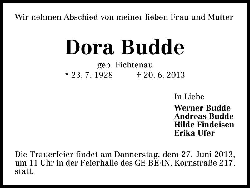 Traueranzeige von Dora Budde von WESER-KURIER