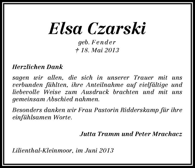  Traueranzeige für Elsa Czarski vom 26.06.2013 aus WESER-KURIER