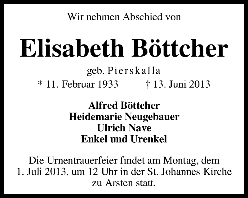 Traueranzeige von Elisabeth Böttcher von WESER-KURIER