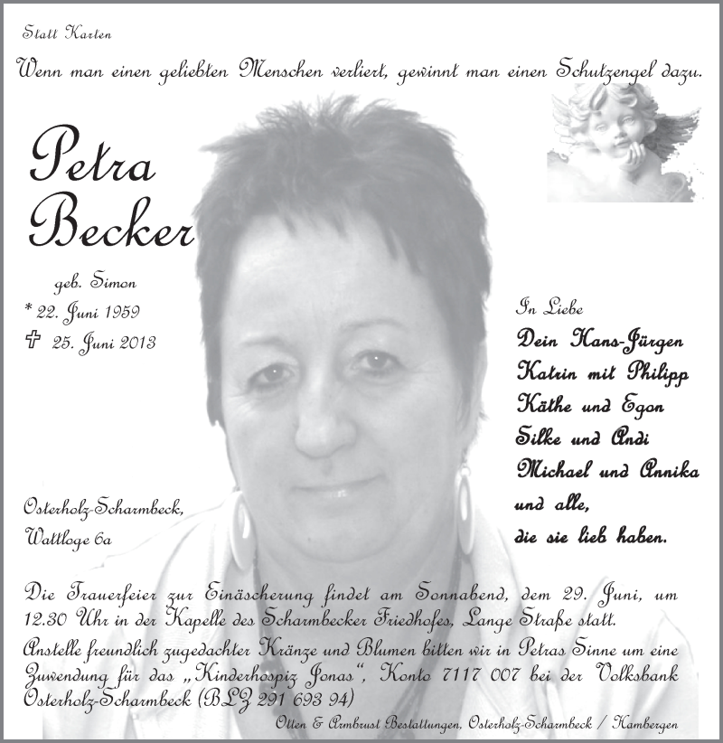 Traueranzeige für Petra Becker vom 27.06.2013 aus WESER-KURIER