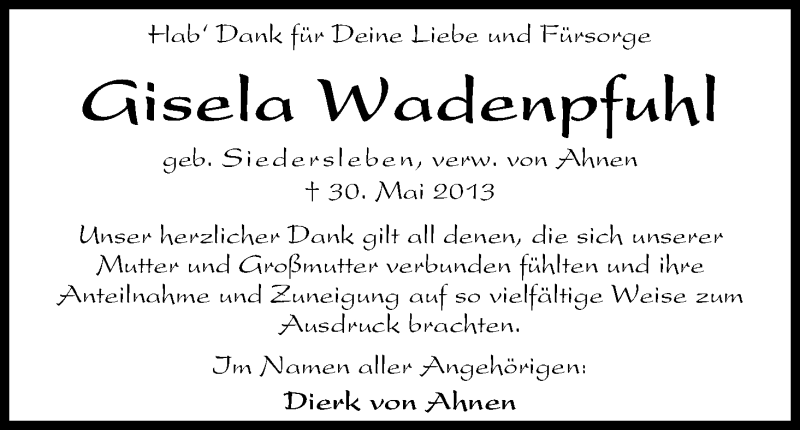 Traueranzeige von Gisela Wadenpfuhl von WESER-KURIER