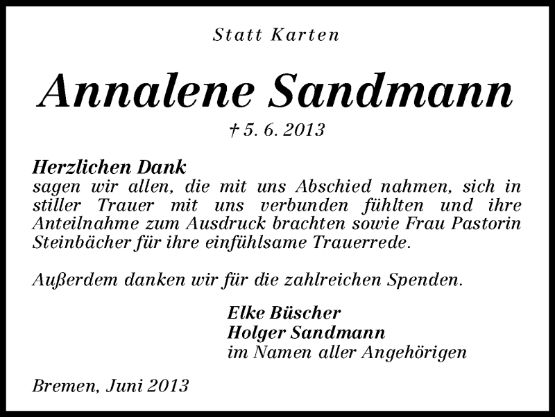 Traueranzeige von Annalene Sandmann von WESER-KURIER