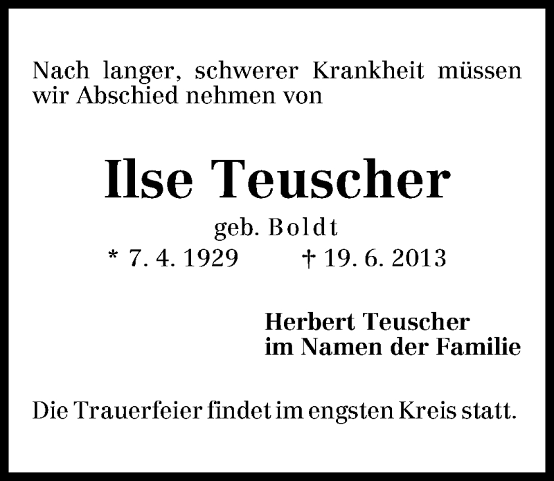 Traueranzeige von Ilse Teuscher von WESER-KURIER