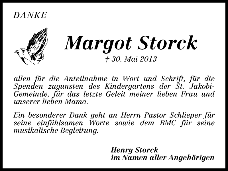 Traueranzeige von Margot Storck von WESER-KURIER