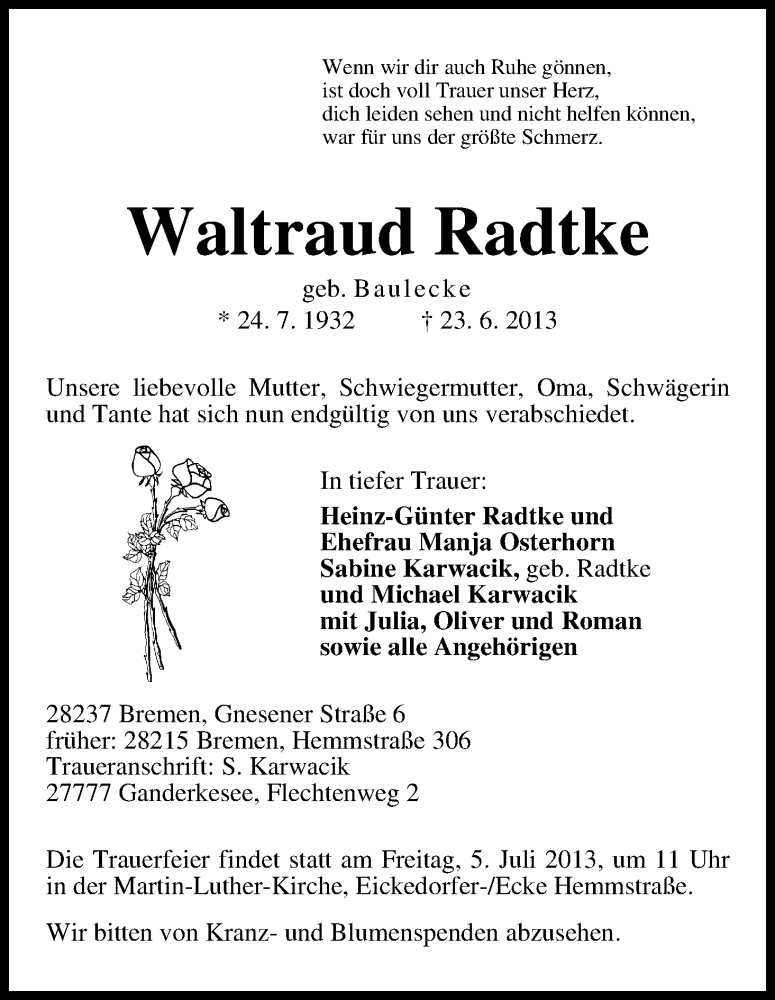 Traueranzeige von Waltraud Radtke von WESER-KURIER
