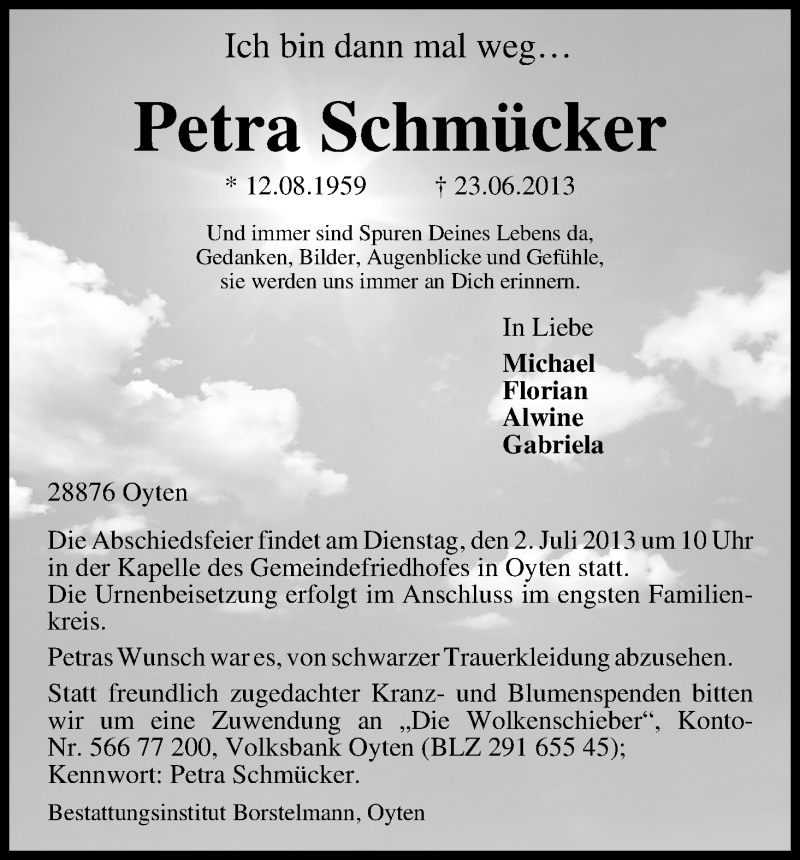  Traueranzeige für Petra Schmücker vom 29.06.2013 aus WESER-KURIER