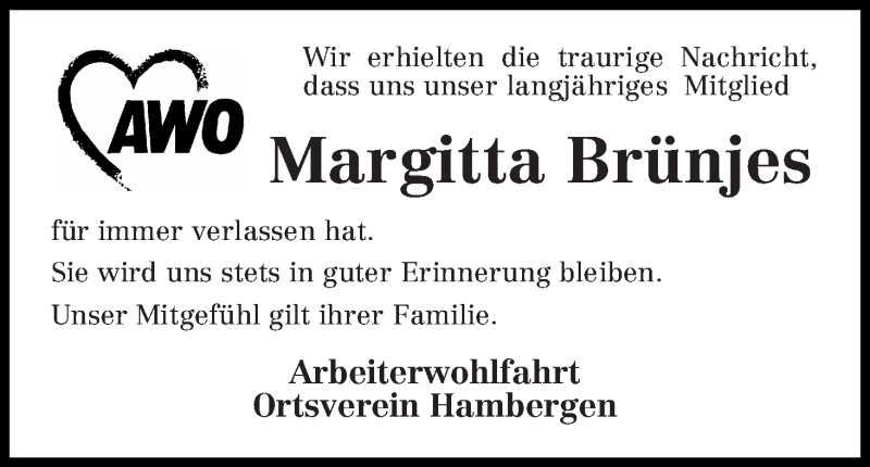 Traueranzeige von Margitta Brünjes von Osterholzer Kreisblatt