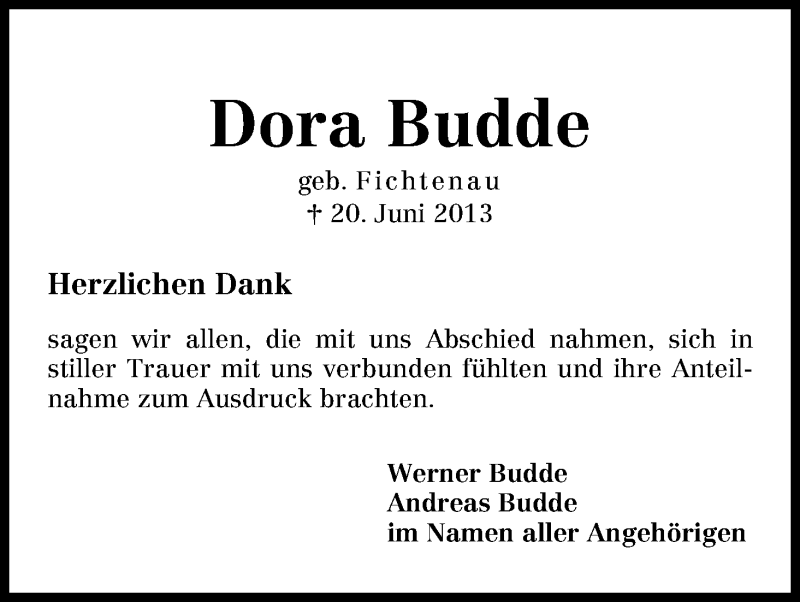 Traueranzeige von Dora Budde von WESER-KURIER