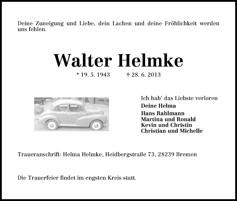  Traueranzeige für Walter Helmke vom 03.07.2013 aus WESER-KURIER