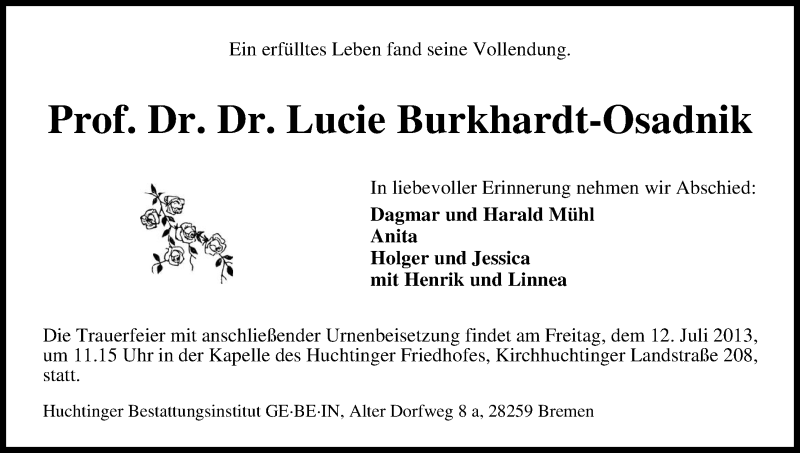 Traueranzeige von Lucie Burkhardt-Osadnik von WESER-KURIER