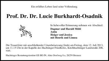 Traueranzeige von Lucie Burkhardt-Osadnik
