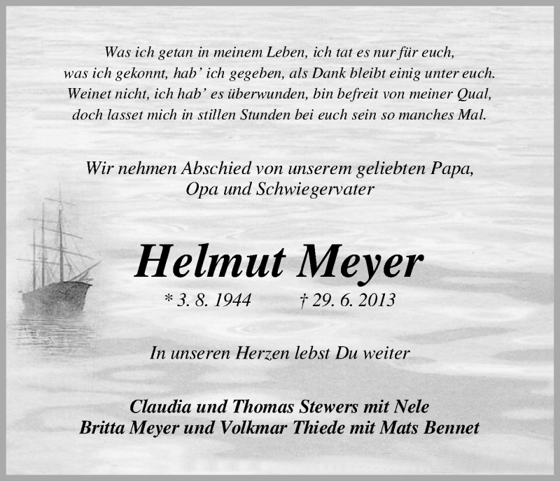  Traueranzeige für Helmut Meyer vom 03.07.2013 aus WESER-KURIER