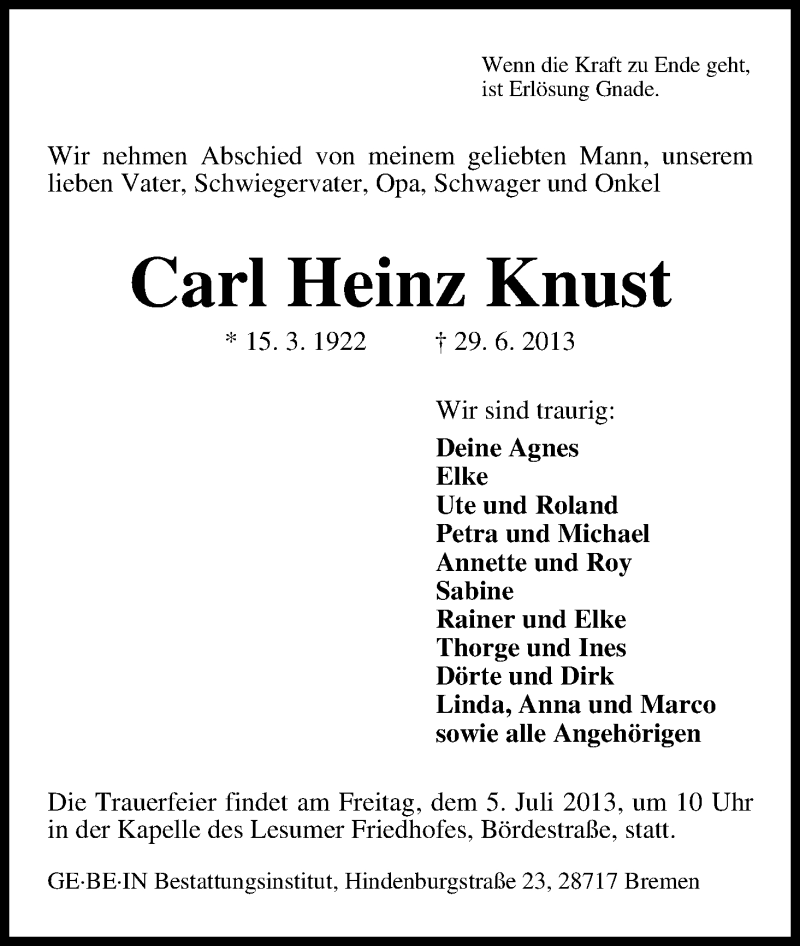 Traueranzeige von Carl Heinz Knust von WESER-KURIER
