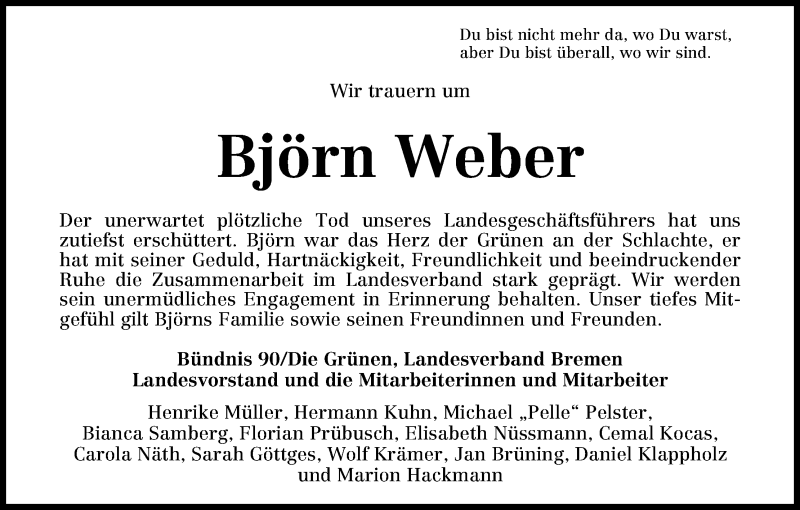  Traueranzeige für Björn Weber vom 03.07.2013 aus WESER-KURIER
