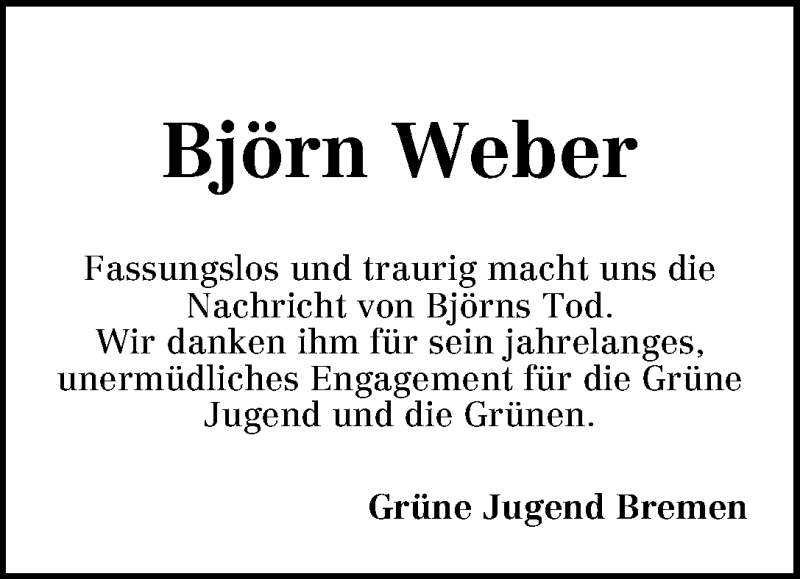  Traueranzeige für Björn Weber vom 04.07.2013 aus WESER-KURIER