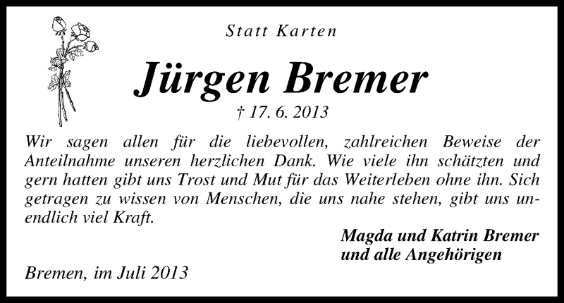 Traueranzeige von Jürgen Bremer von WESER-KURIER