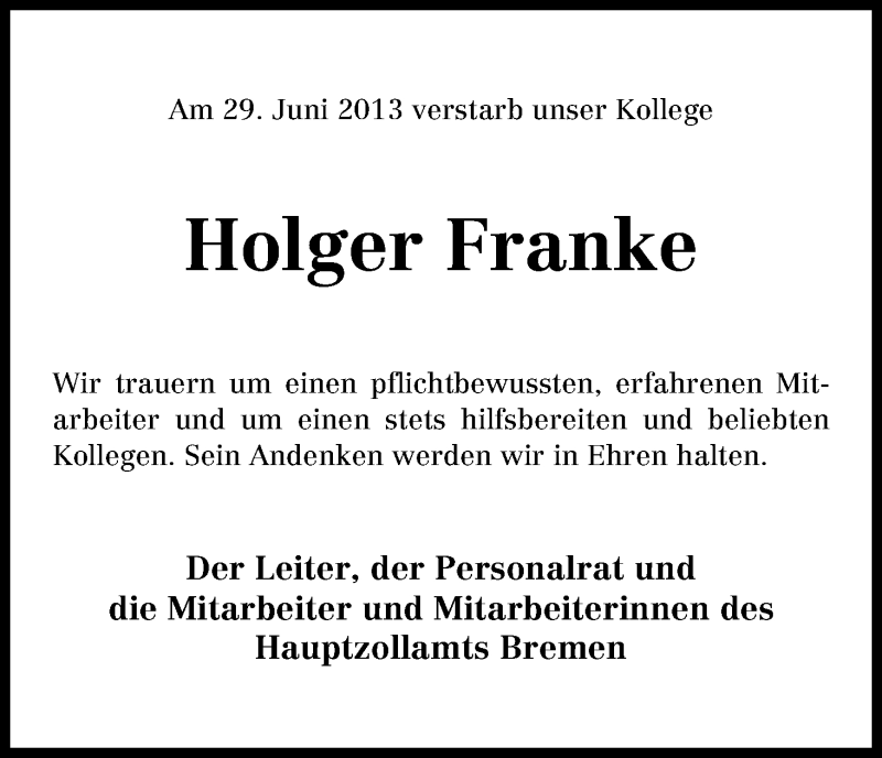 Traueranzeige von Holger Franke von WESER-KURIER