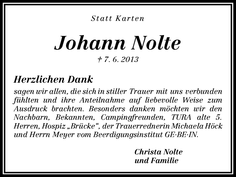 Traueranzeige von Johann Nolte von WESER-KURIER