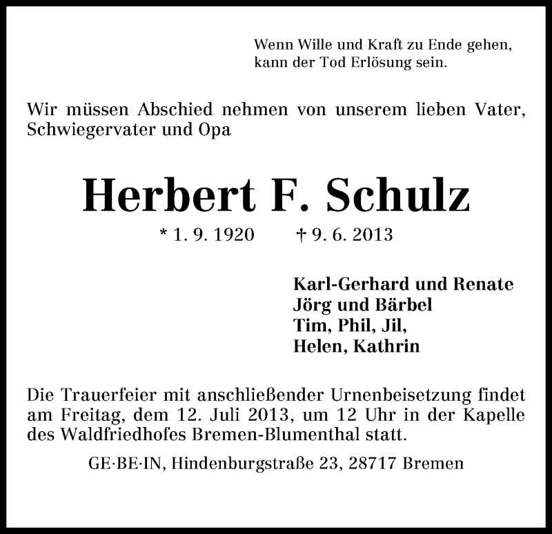 Traueranzeige von Herbert Schulz von WESER-KURIER