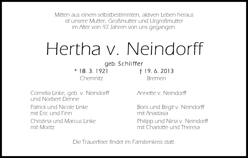 Traueranzeige von Hertha v Neindorff von WESER-KURIER