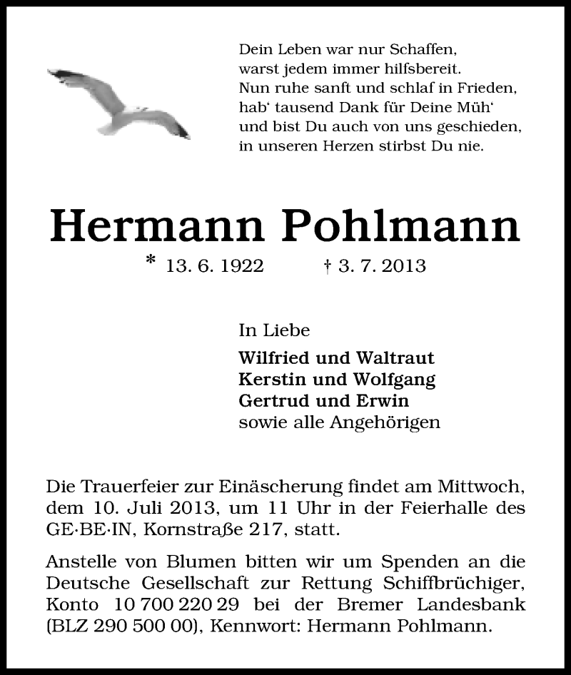  Traueranzeige für Hermann Pohlmann vom 06.07.2013 aus WESER-KURIER